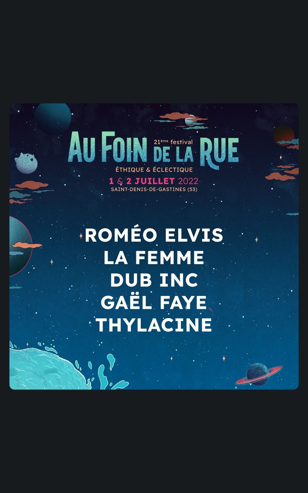 Page références - Affiche du festival Au Foin de la Rue à Saint-Denis-de-Gastines en 2022 où la société de sécurité ACP Sécurité est intervenue.