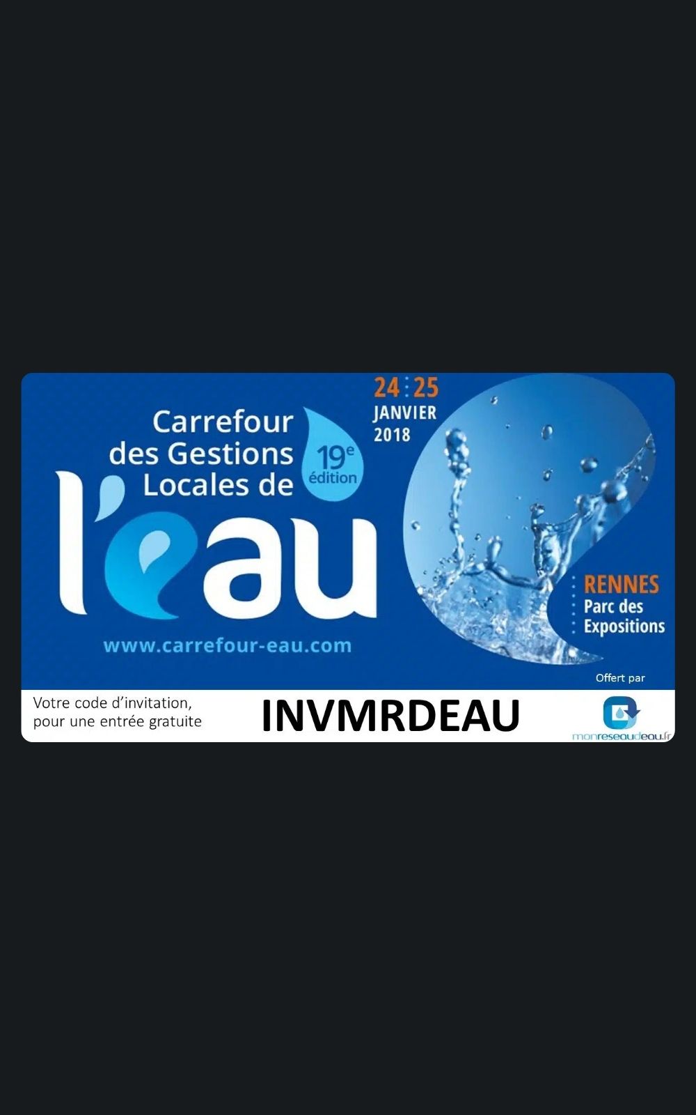 Page références - Affiche du salon Carrefour des gestions locales de l'eau à Rennes en 2018 où la société de sécurité ACP Sécurité est intervenue.