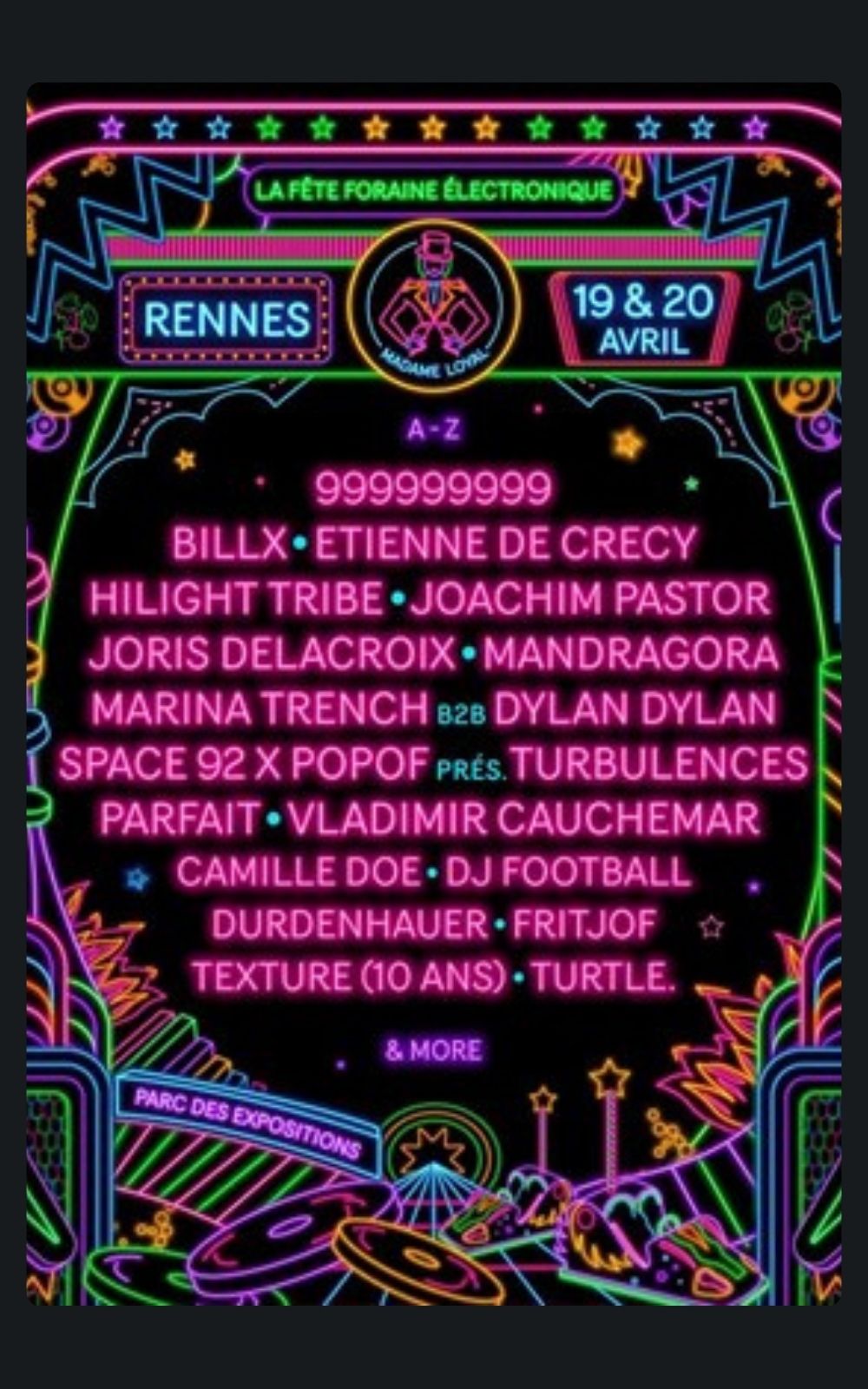 Page références - Affiche de la fête foraine électronique Madame Loyal à Rennes en 2024 où l'entreprise de sécurité ACP Sécurité est intervenue.