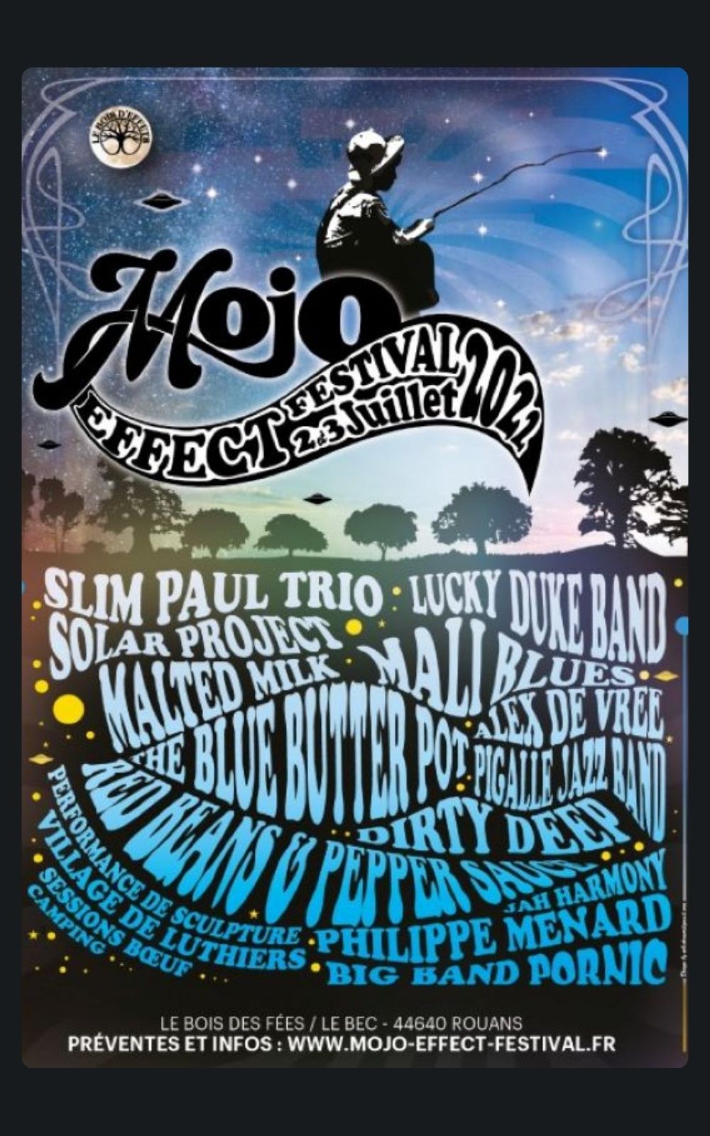 Page références - Affiche du festival Mojo Effect Festival au Bois des Fées / Le Bec en 2022 où la société de sécurité privée ACP Sécurité est intervenue.