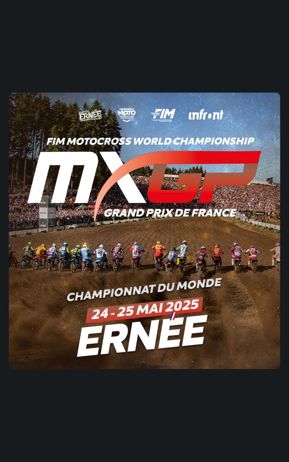 Page références - Affiche de l'évènement sportif du MXGP (Grand prix de france) à Ernée en 2025 où la société de sécurité ACP Sécurité est intervenue.