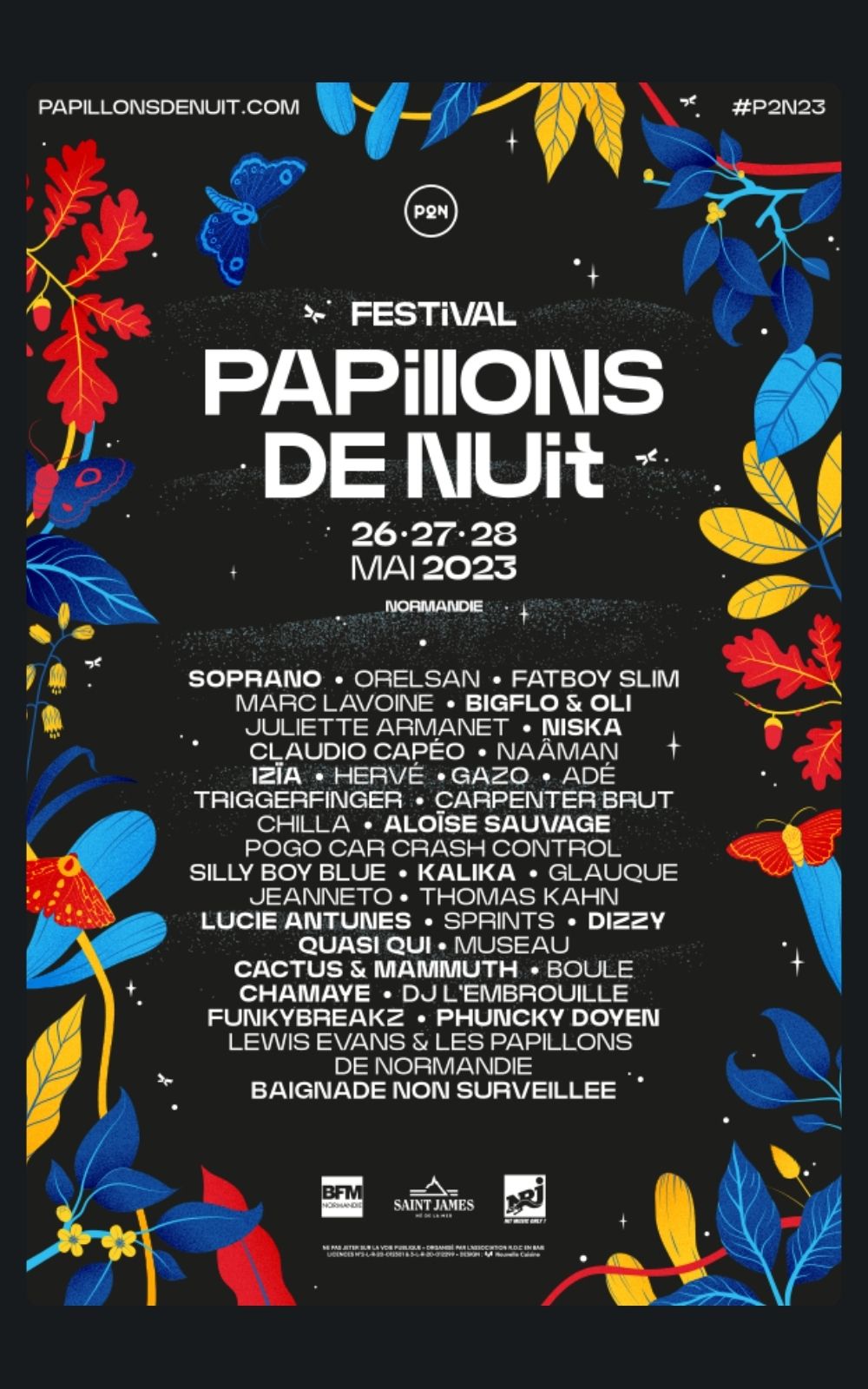 Page références - Affiche du festival Papillons de Nuit à Saint-Laurent-de-Cuves en 2023 où la société ACP Sécurité est intervenue.