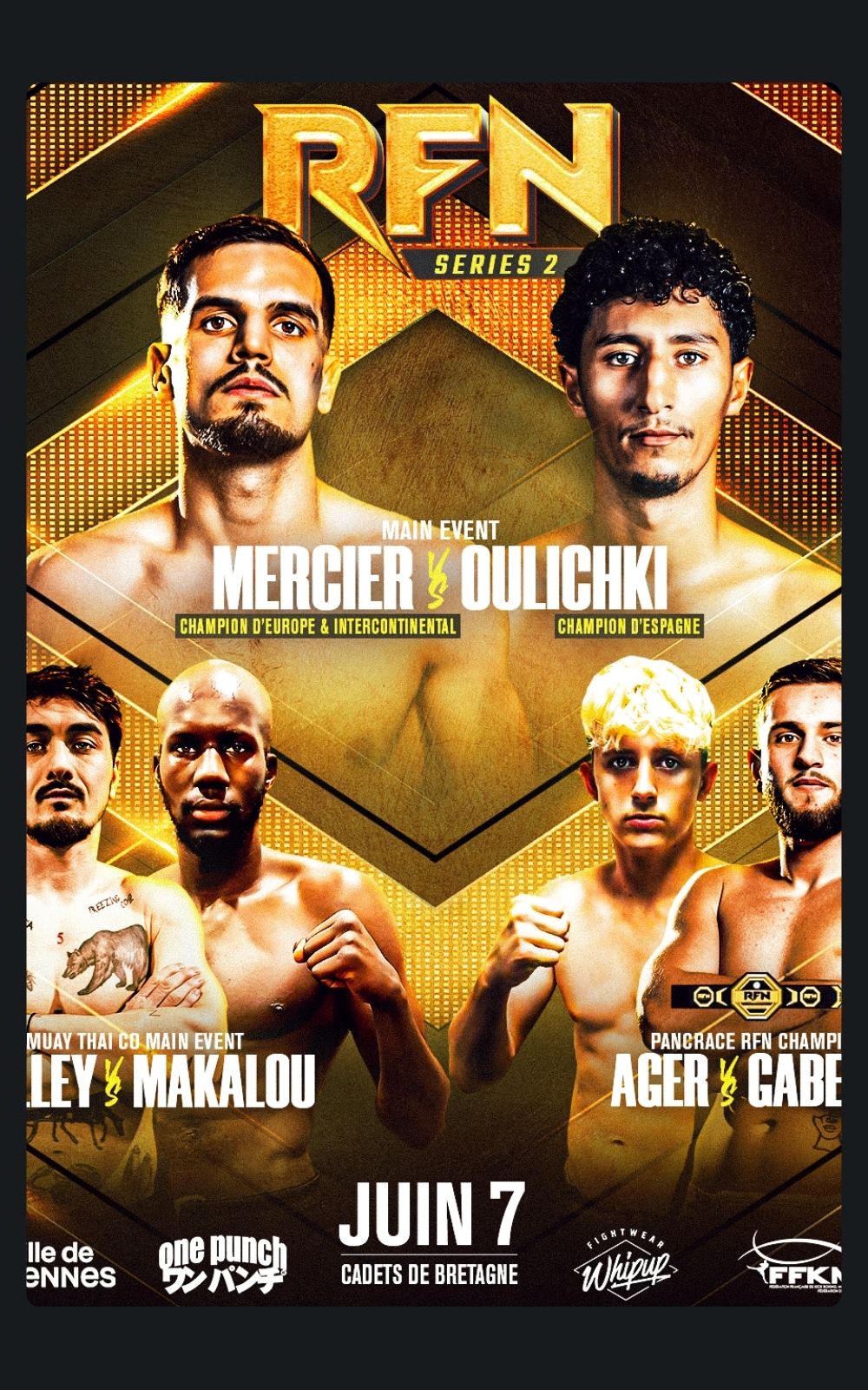 Page références - Affiche de l'évènement sportif du RFN (Rennes Fight Night) à Rennes en 2025 où la société ACP Sécurité est intervenue.