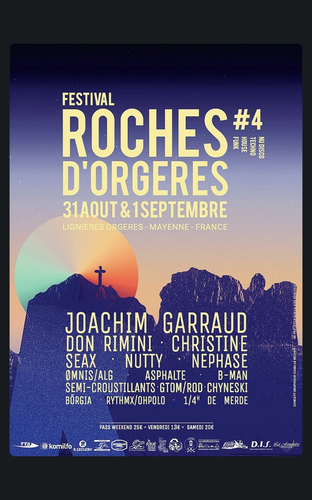 Page références - Affiche du festival Roches d'Orgères àLignières-Orgères en 2019 où la société ACP Sécurité est intervenue.