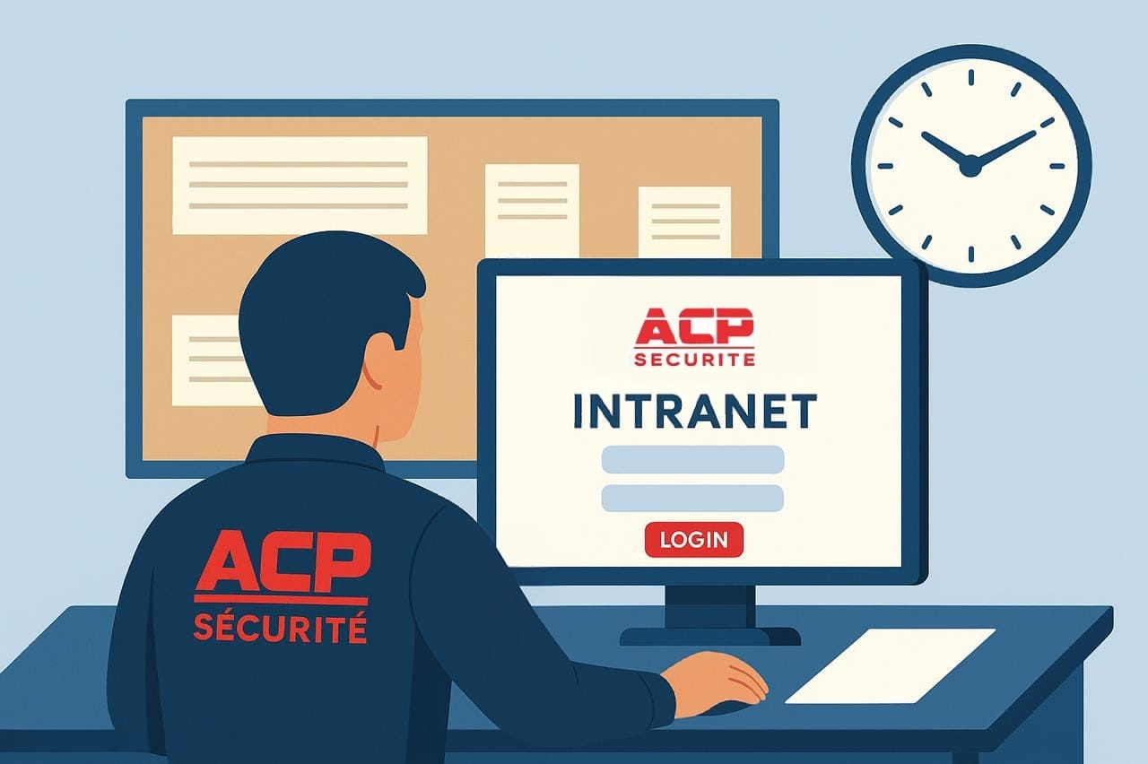Image générée par IA représentant un agent ACP sur un ordinateur, la page Intranet ACP Sécurité ouverte.