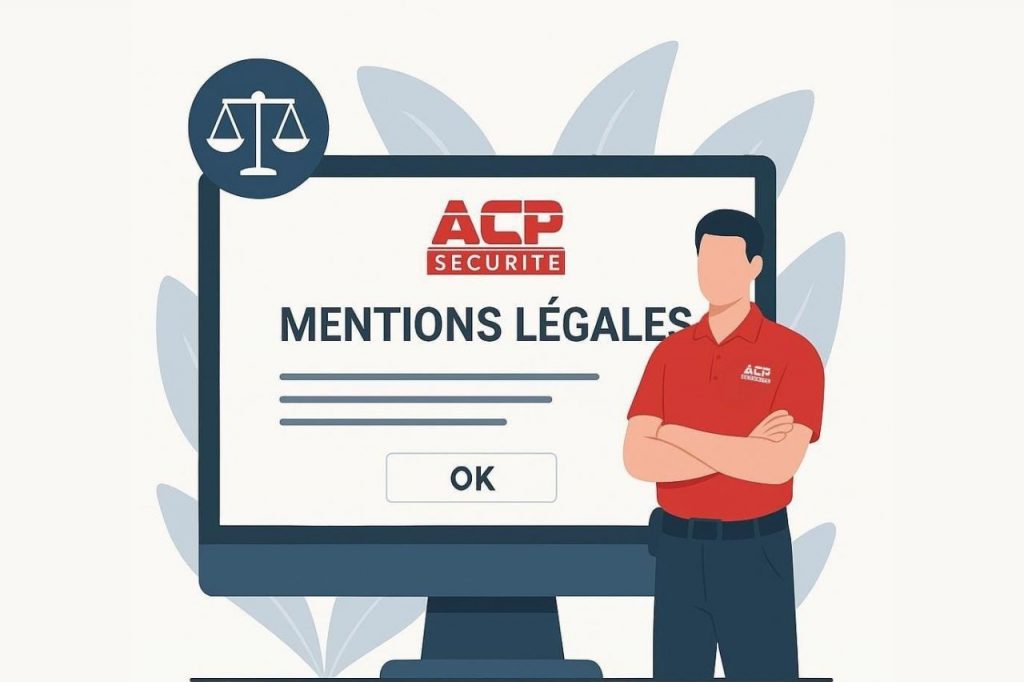 Image générée par IA représentant un agent ACP devant un ordinateur, la page Mentions Légales ACP Sécurité ouverte.