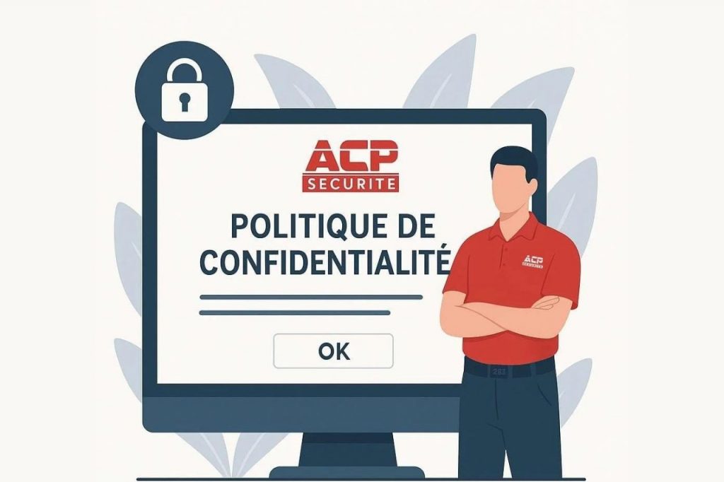 Image générée par IA représentant un agent ACP devant un ordinateur, la page Politique de confidentialité ACP Sécurité ouverte.
