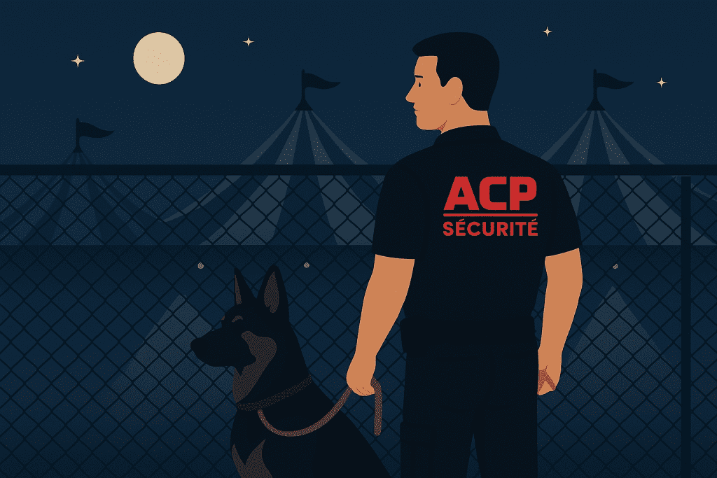 Image générée par IA pour la page prestations de sécurité. Cette image représente un agent de sécurité cynophile ACP Sécurité faisant une ronde lors d'un festival.