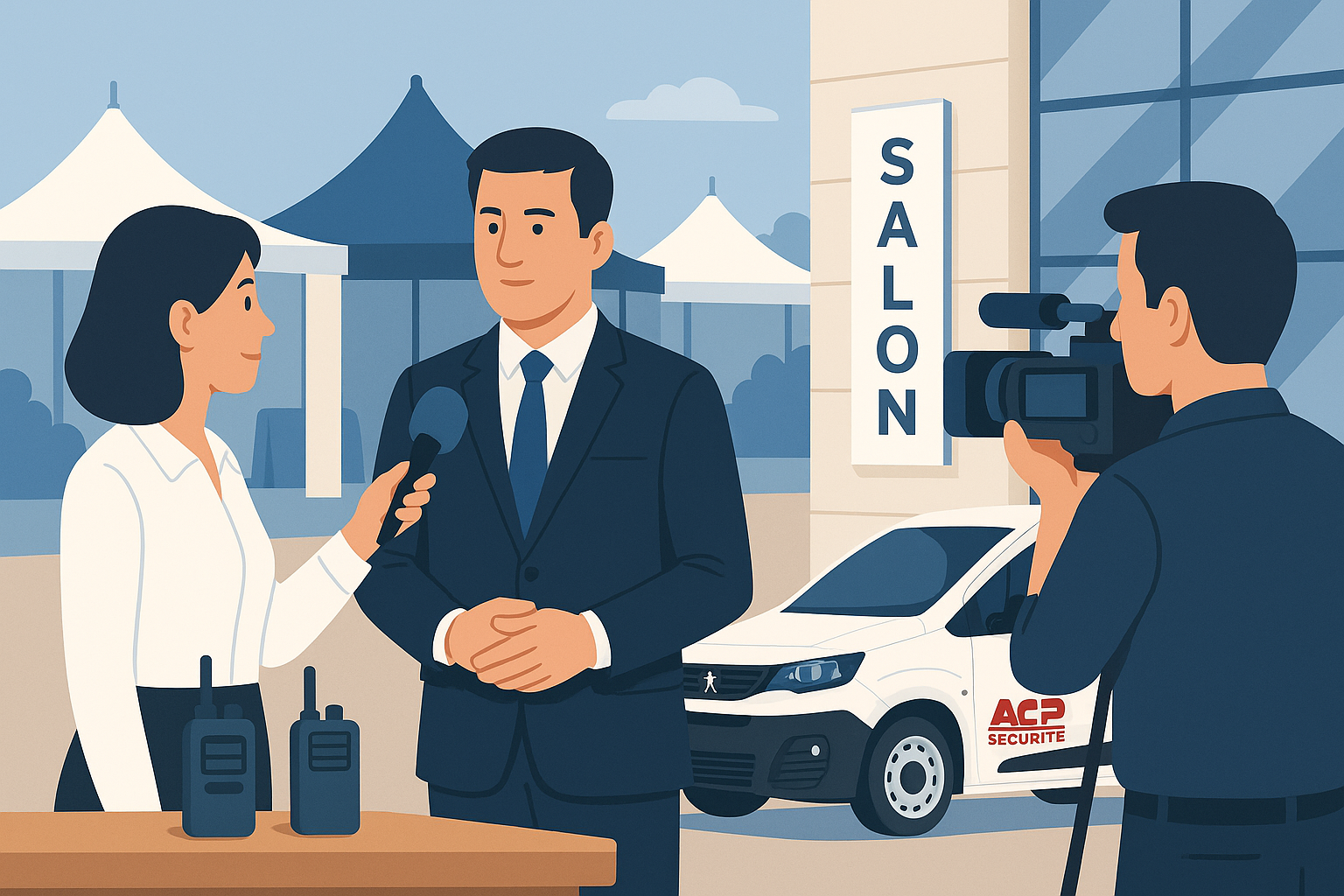 Image générée par IA pour la page Actualités ACP Sécurité. Cette image représente un chef d'entreprise se faisant interviewé par des médias. Nous pouvons voir que la scène se passe pendant un salon et qu'il y a également un véhicule en arr!re plan de l'entreprise de sécurité ACP Sécurité.